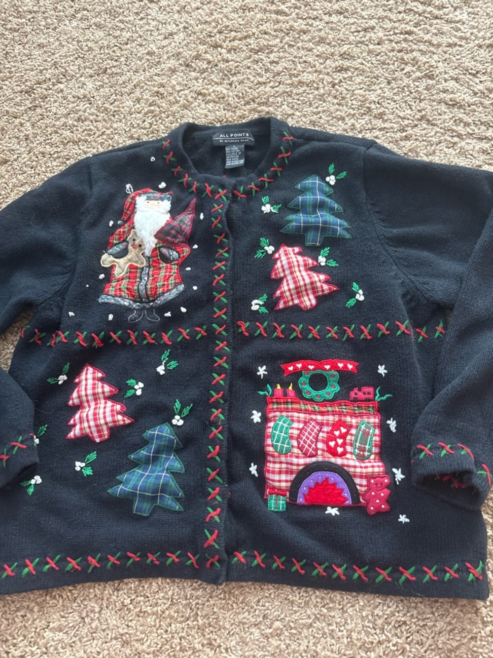All Points Black Holiday Patchwork Cardigan Sweater with Festive Appliqué